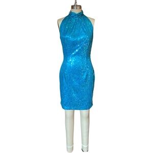 1960s Blue Halter Sequin Cocktail Showgirl Dress SZ